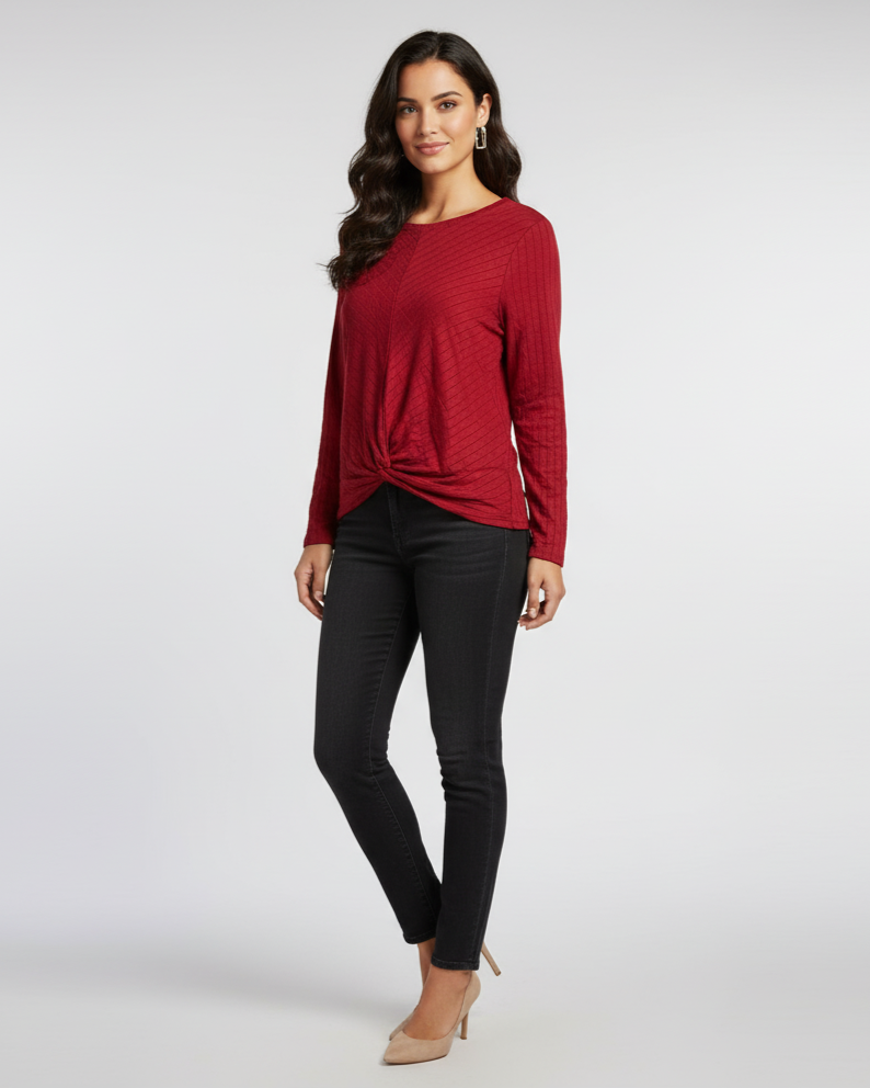 Ukay Find! Chic Red Knotted Blouse | Long Sleeve Textured Top