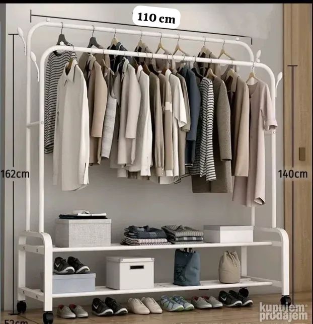 Coat Rack, Freestanding Hanger Rack With Wheels | Metal Double Rods Multi-functional