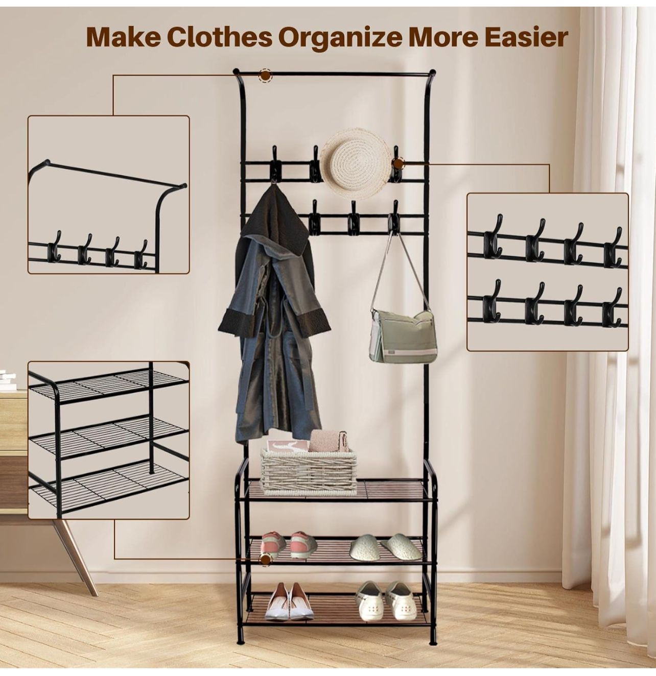 Steel 3-In-1 Coat Stand with 3 Shoe Shelves