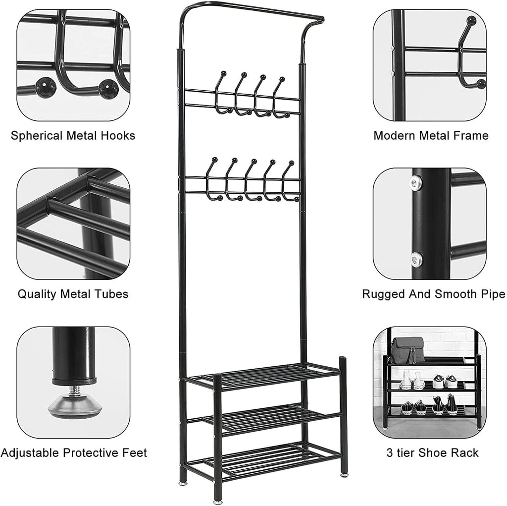 Steel 3-In-1 Coat Stand with 3 Shoe Shelves