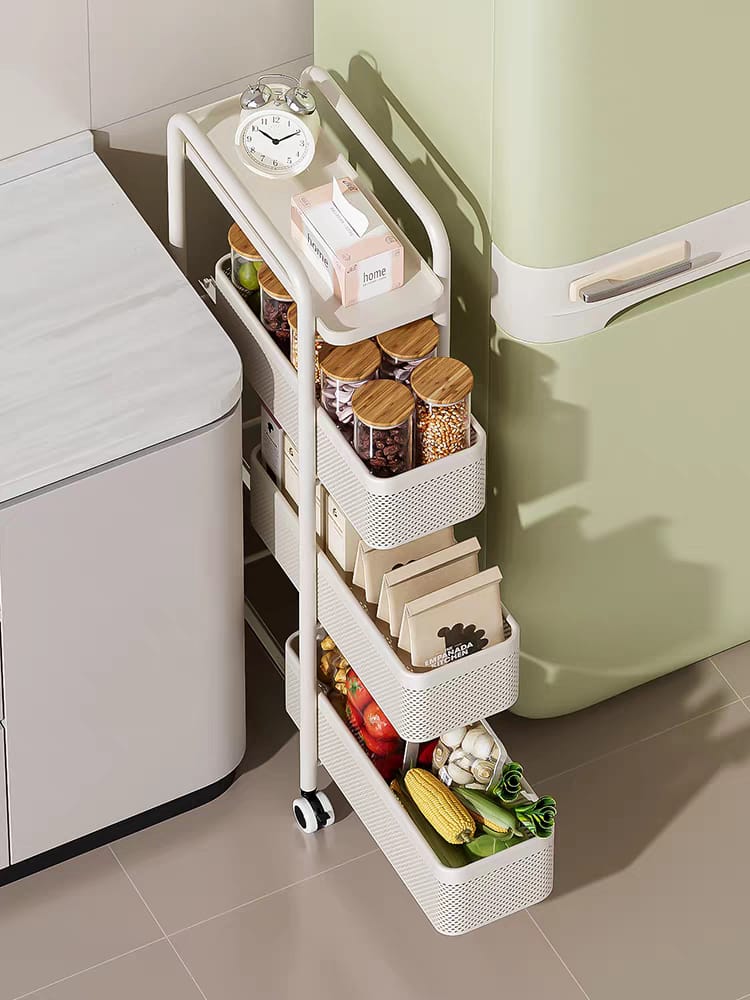 4 Tire Utility Rolling Cart,Kitchen Metal Storage Trolley Cart with Lockable Wheel