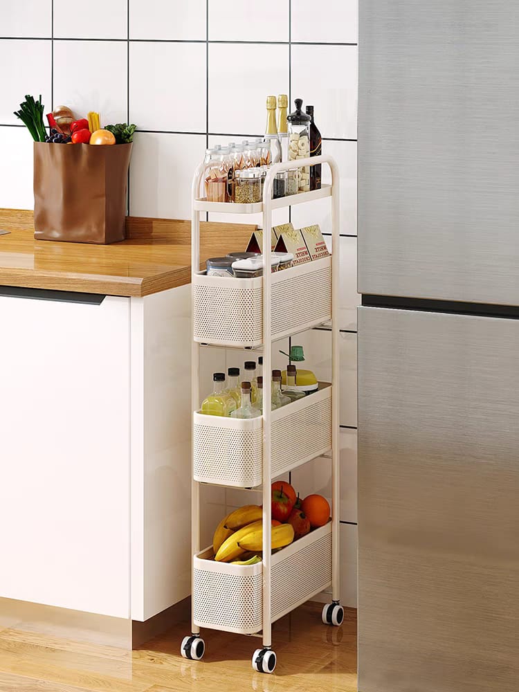 4 Tire Utility Rolling Cart,Kitchen Metal Storage Trolley Cart with Lockable Wheel