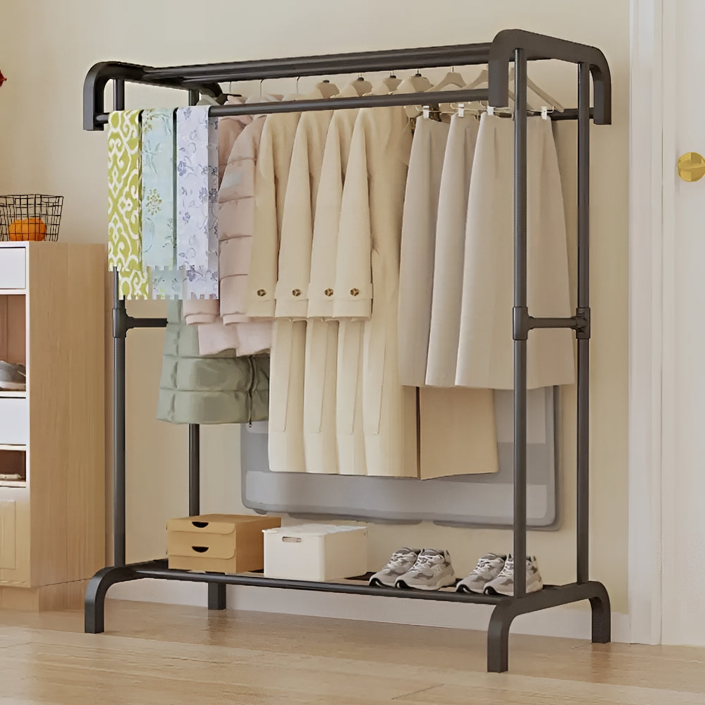 Double Rod Metal Clothes Rack with Storage Boxes for Shoes and Boots