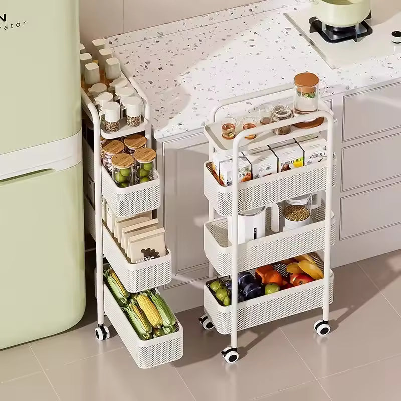 4 Tire Utility Rolling Cart,Kitchen Metal Storage Trolley Cart with Lockable Wheel