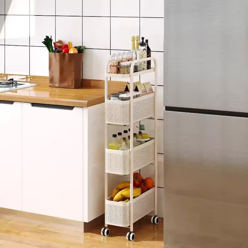 4 Tire Utility Rolling Cart,Kitchen Metal Storage Trolley Cart with Lockable Wheel